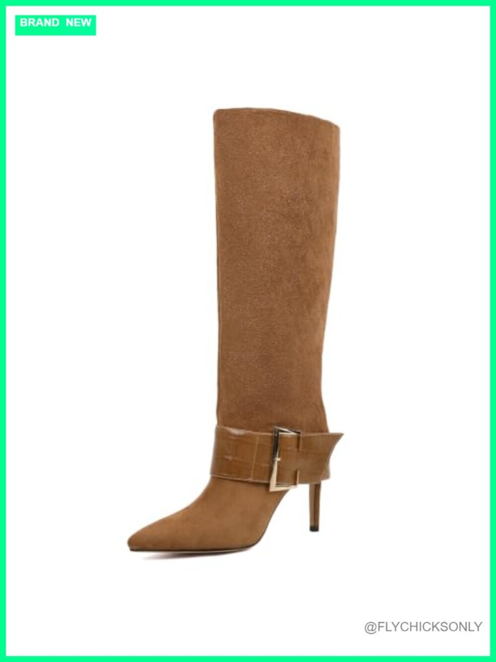 Women Pointed Toe Buckle Stiletto Knee High Boots Faux Suede